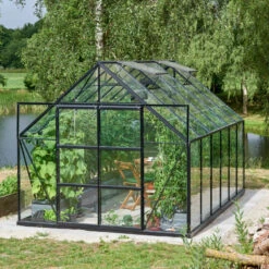 Pack Serre 9,9m² Noire En Verre Trempé Double Porte + Embase Noire Universal Halls