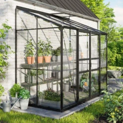 Serre Adossée Ida 3,3m² En Aluminium Noir Et Verre De Sécurité 3mm - Vitavia -Jardin Serre Boutique serre adossee ida 33m en aluminium noir et verre de securite 3mm vitavia 1