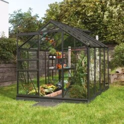 Serre Allium Venus 4,9m² En Aluminium Laqué Gris Anthracite Et Verre Trempé 3mm + Embase Incluse - Natura Lams -Jardin Serre Boutique serre allium venus 5m en aluminium laque gris et verre trempe 3mm embase incluse natura lams 2