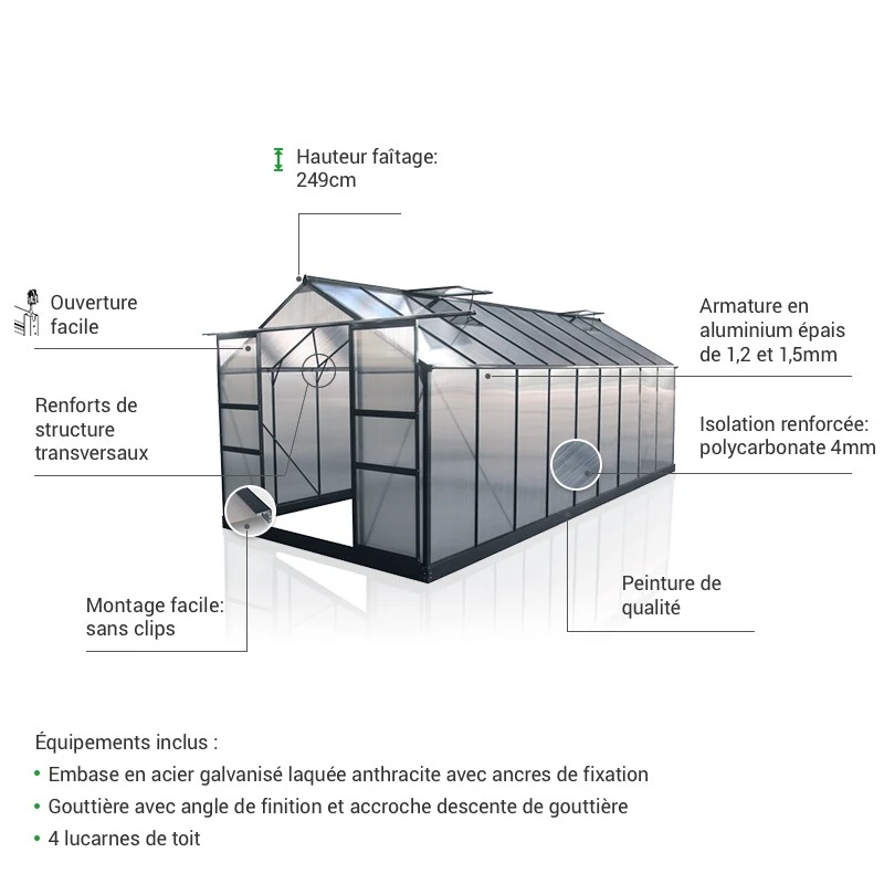 Serre De Jardin 13,2m² Anthracite Polycarbonate 4mm + Embase Green Protect 6 Serre De Jardin 13,2m² Anthracite Polycarbonate 4mm + Embase Green Protect – Image 4