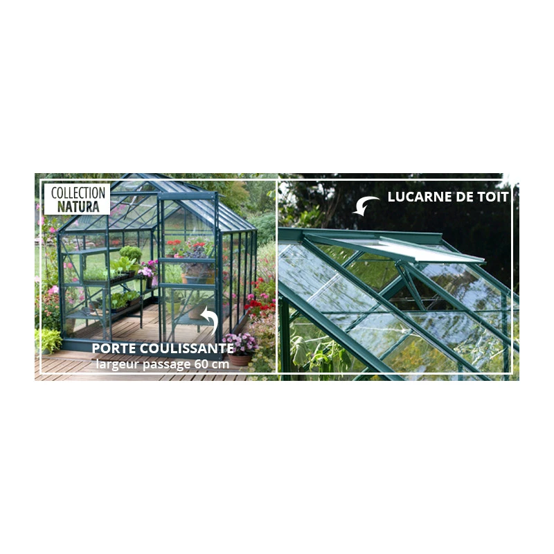 Serre Carvi Merkur 8,10m² En Aluminium Laqué Vert Et Verre Trempé 3mm + Embase Incluse - Natura Lams 13 Serre Carvi Merkur 8,10m² En Aluminium Laqué Vert Et Verre Trempé 3mm + Embase Incluse - Natura Lams – Image 11