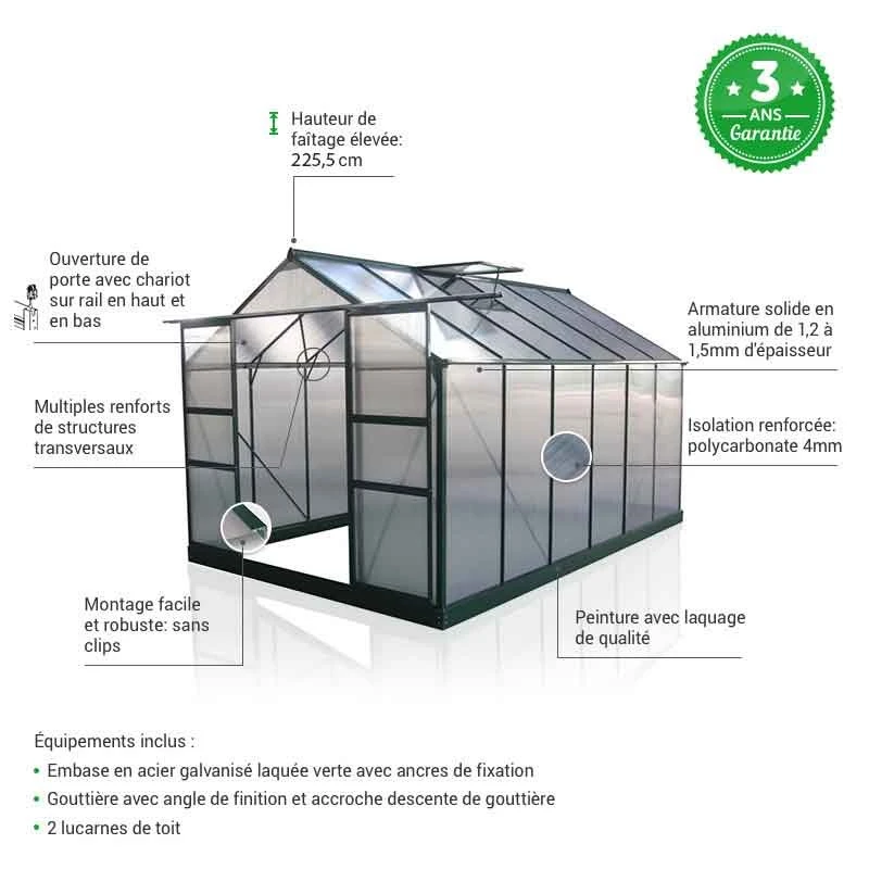Serre De Jardin 9,13m² Verte En Polycarbonate 4mm + Embase Green Protect 5 Serre De Jardin 9,13m² Verte En Polycarbonate 4mm + Embase Green Protect – Image 3