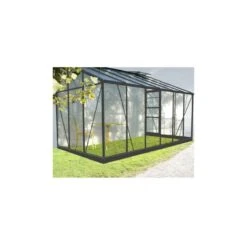 Serre De Jardin Adossée En Aluminium Laqué Gris Et Verre Trempé 9,61m² + Embase