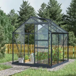 Serre De Jardin En Aluminium Anthracite Et Verre Trempé 4mm RINCA 3,5m² + Embase - Green Protect