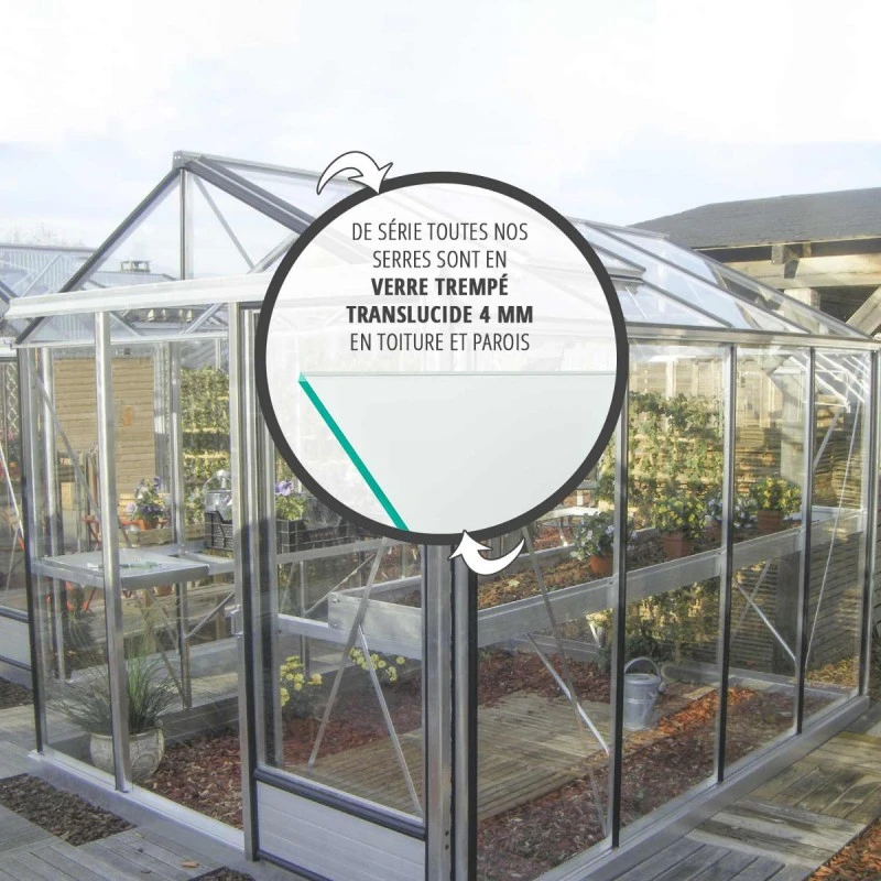 Serre De Jardin ESSENTIA 7,3m² En Aluminium Naturel Et Verre Trempé 4mm + Embase Incluse - Lams 4 Serre De Jardin ESSENTIA 7,3m² En Aluminium Naturel Et Verre Trempé 4mm + Embase Incluse - Lams – Image 2