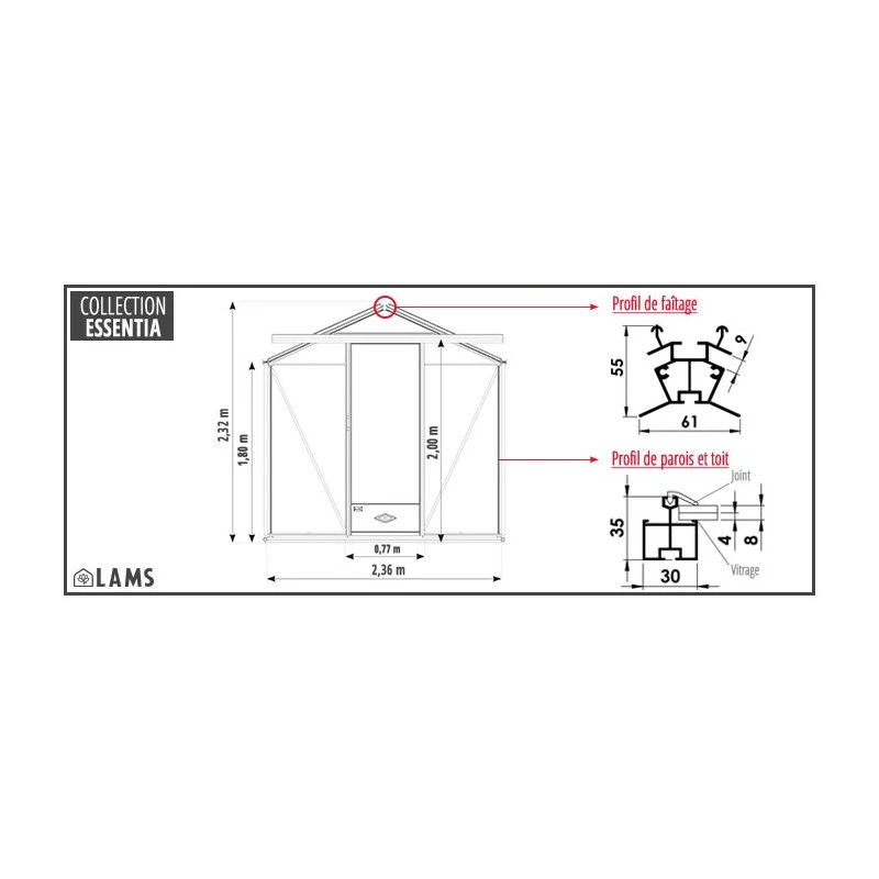 Serre De Jardin ESSENTIA 7,3m² En Aluminium Naturel Et Verre Trempé 4mm + Embase Incluse - Lams 6 Serre De Jardin ESSENTIA 7,3m² En Aluminium Naturel Et Verre Trempé 4mm + Embase Incluse - Lams – Image 4