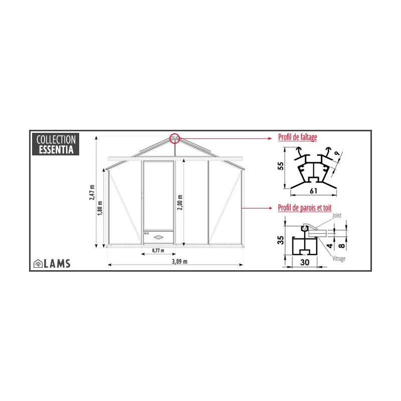 Serre De Jardin ESSENTIA 9,60m² En Aluminium Naturel Et Verre Trempé 4mm + Embase Incluse - Lams 5 Serre De Jardin ESSENTIA 9,60m² En Aluminium Naturel Et Verre Trempé 4mm + Embase Incluse - Lams – Image 3