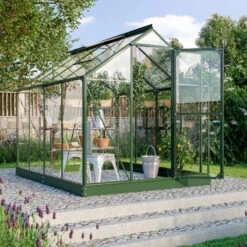 Serre Triton 5m² En Aluminium émeraude Et Panneaux De Verre De Sécurité De 3mm - Vitavia -Jardin Serre Boutique serre triton 5m en aluminium emeraude et panneaux de verre de securite de 3mm vitavia 2