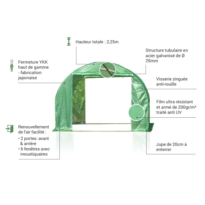 Serre Tunnel 3x3m Film 200gr/m² Hauteur 2,25m Green Protect 4 Serre Tunnel 3x3m Film 200gr/m² Hauteur 2,25m Green Protect – Image 2